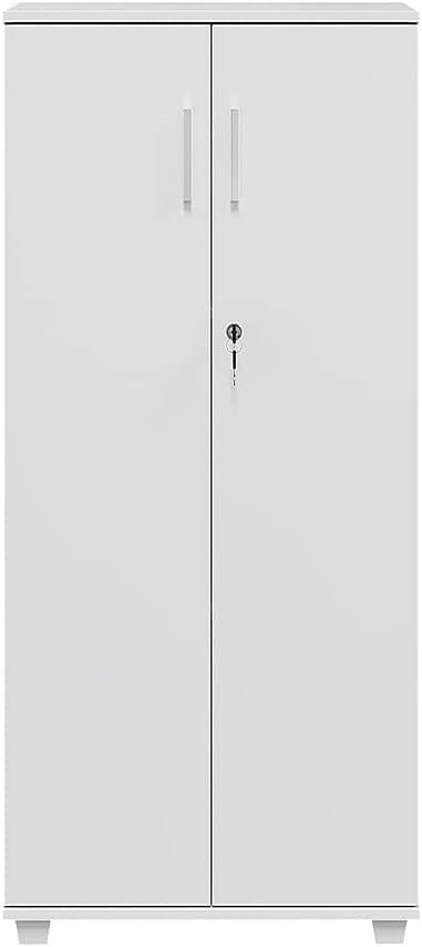 White Tall Lockable Storage Cabinet 2 Door Slim Office Filing Cupboard