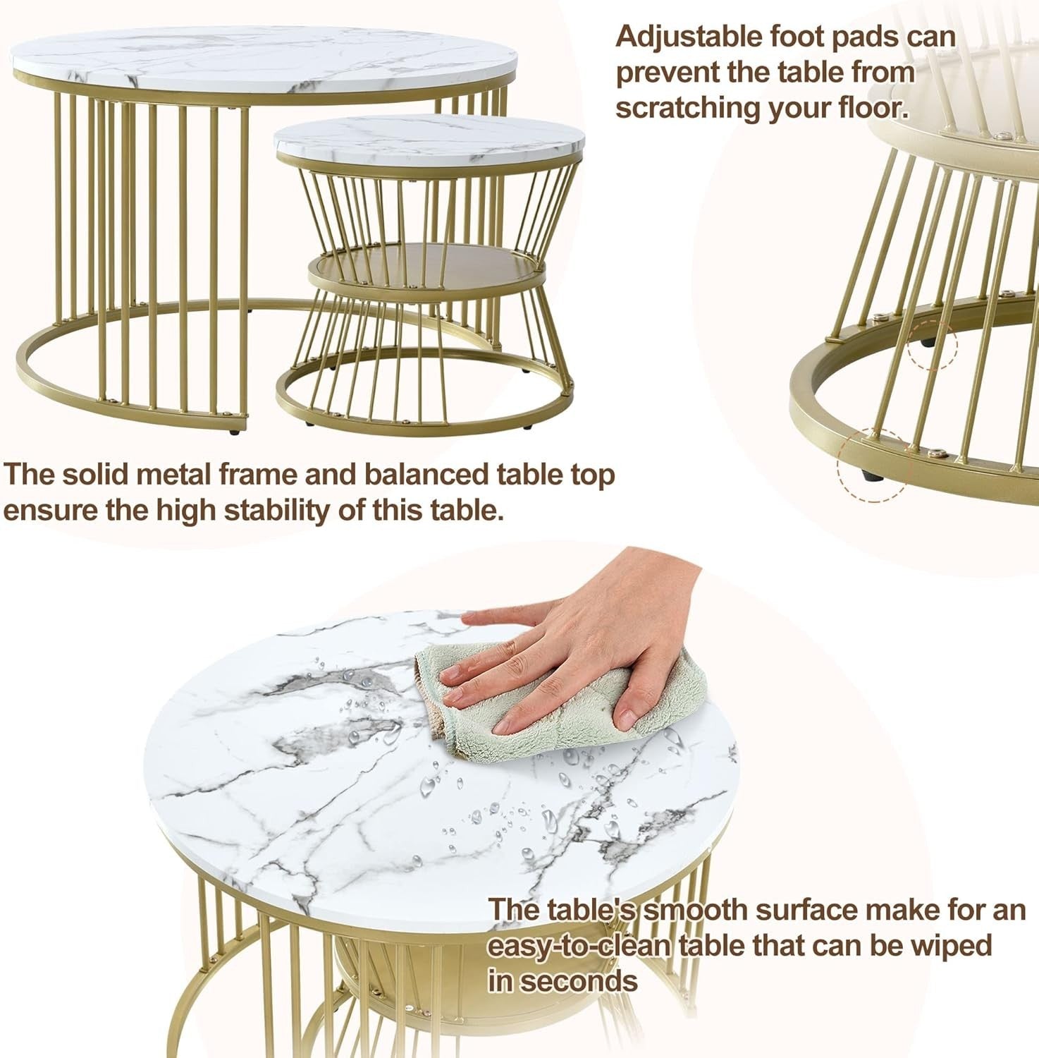 ModernLuxe Round Coffee Table Set of 2 with Gold Frame & Marble Top 70x45cm