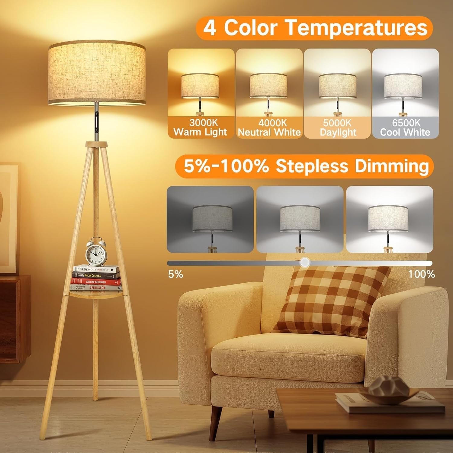 Wooden Tripod Floor Lamp Touch Control Dimmable Remote Shelf Linen Shade