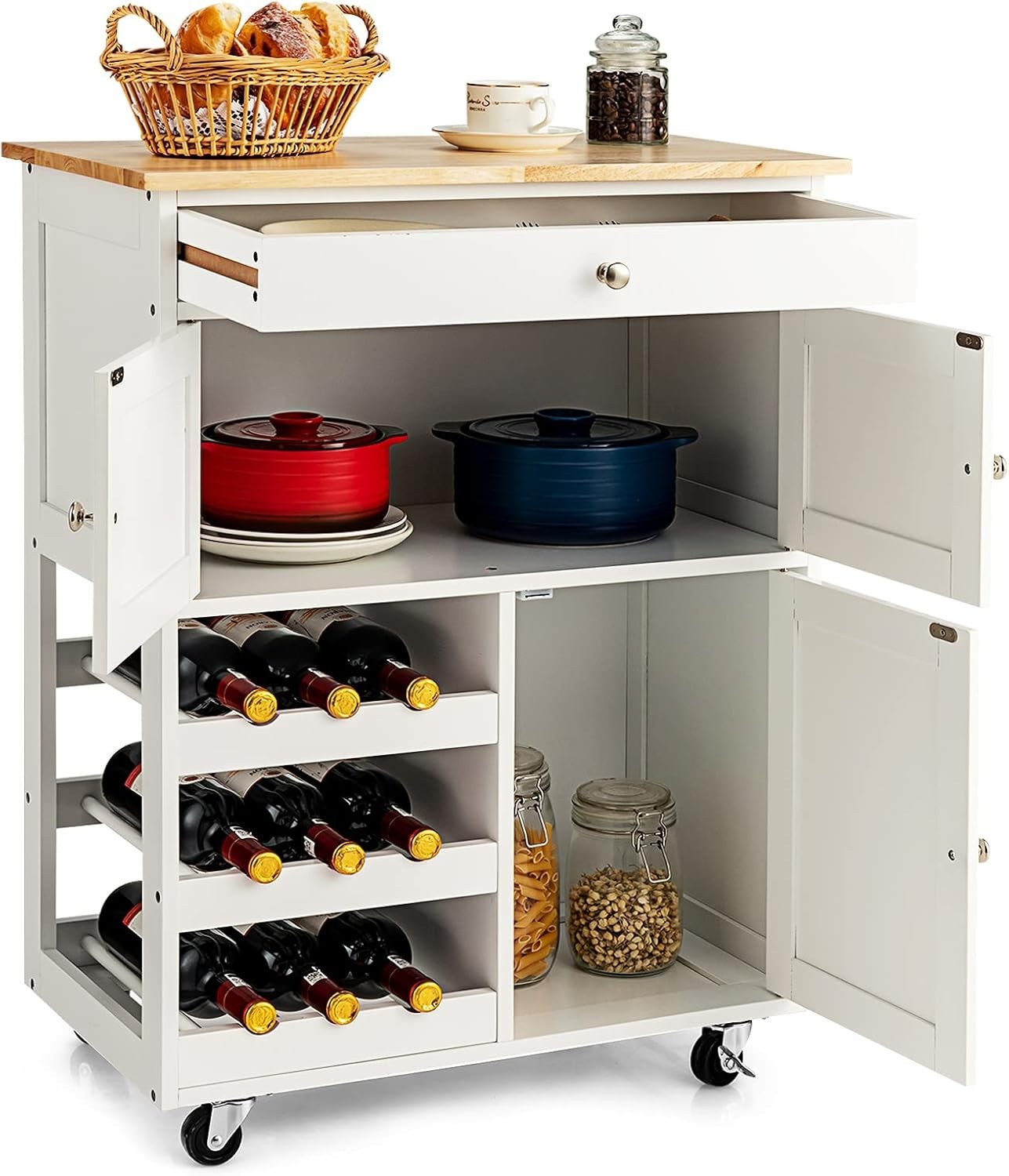 Kitchen Island Trolley Cart Drawer Wine Rack Natural