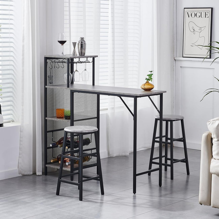 Grey Marble Bar Table Set with 2 Stools Space-Saving Metal Frame Dining Set