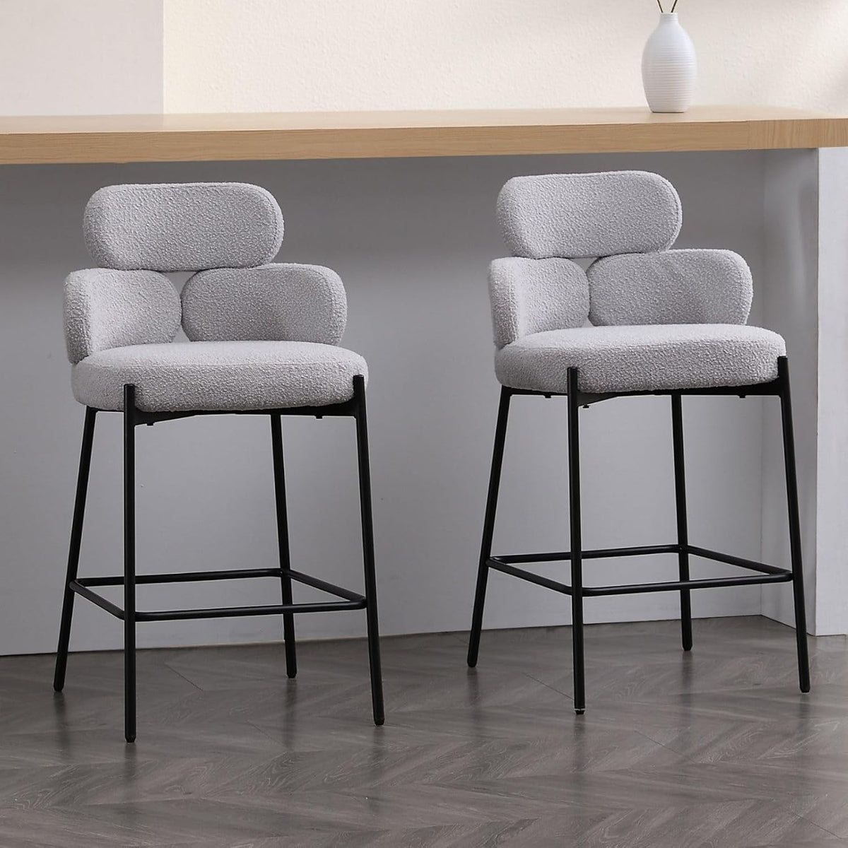 Modern Bar Stools 2pcs Grey Faux Fur Counter Kitchen Chairs