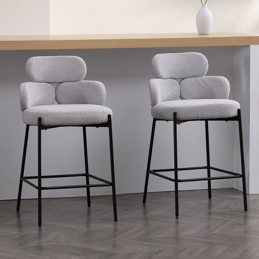 Modern Bar Stools 2pcs Grey Faux Fur Counter Kitchen Chairs
