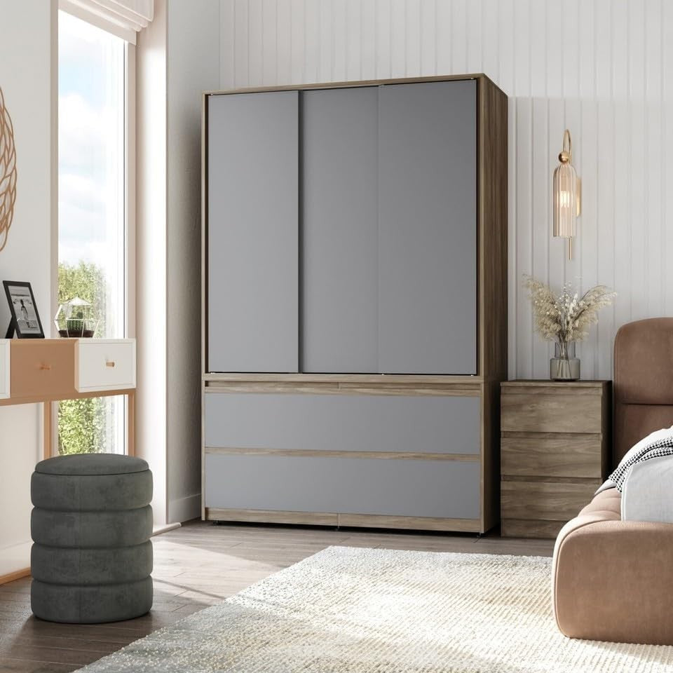 Grey Sliding Door Wardrobe 4 Drawers Hanging Rail Modern Storage Unit