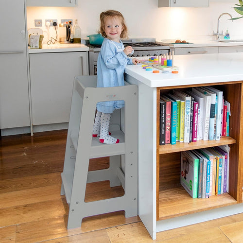 Adjustable Toddler Learning Tower with Safety Rail & Non-Slip Step, Grey