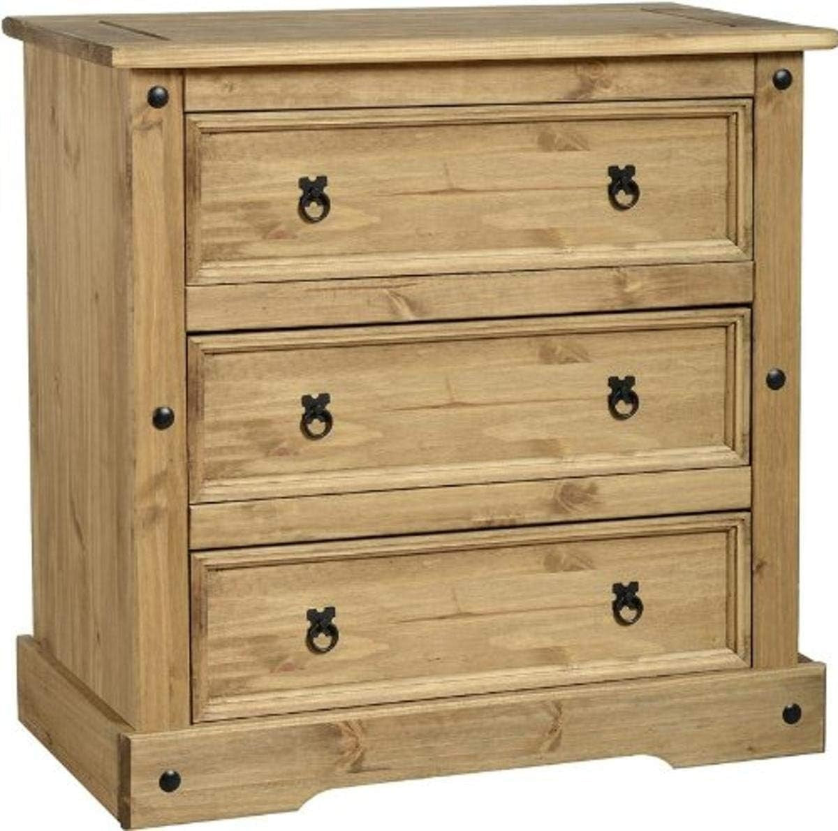 Rustic Pine 3 Drawer Chest, Wax Finish Storage Unit, 92x92x48.5cm Wood