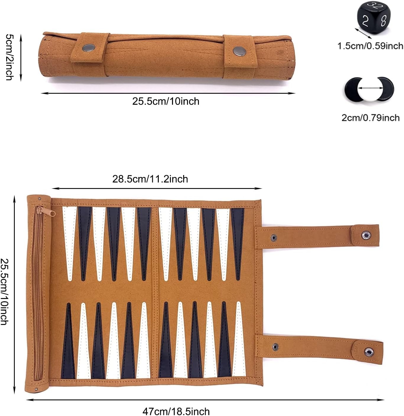 Travel Backgammon Set Roll Up Leather Portable Board Game 18.5 Inch