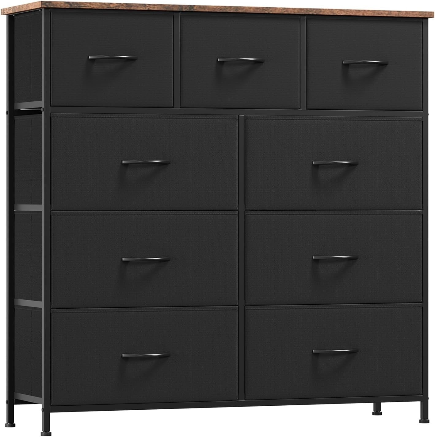 Black Rustic Brown 9 Drawer Tall Chest Fabric Dresser Organizer Storage Unit