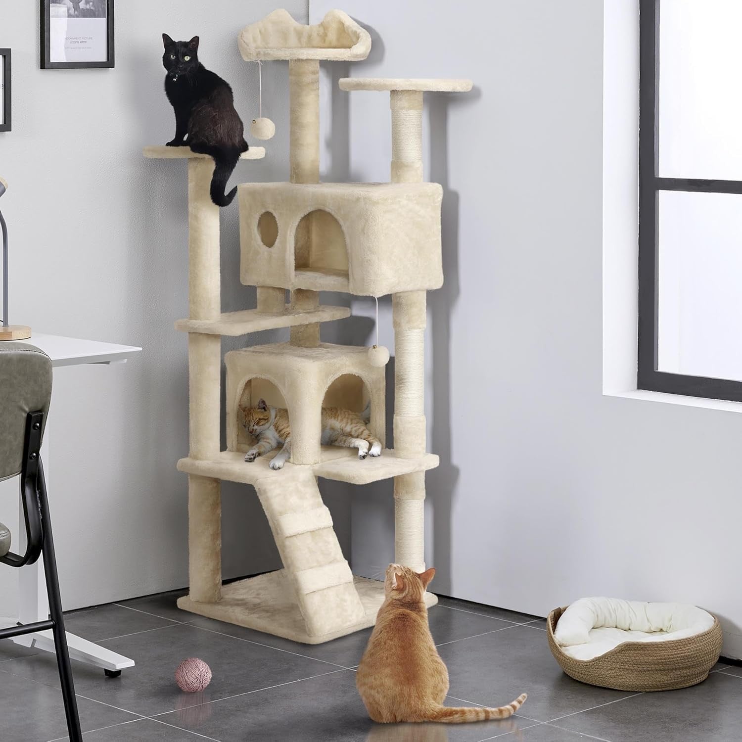 135cm Large Cat Tree Tower Beige Multi Level Condos Scratching Posts Indoor
