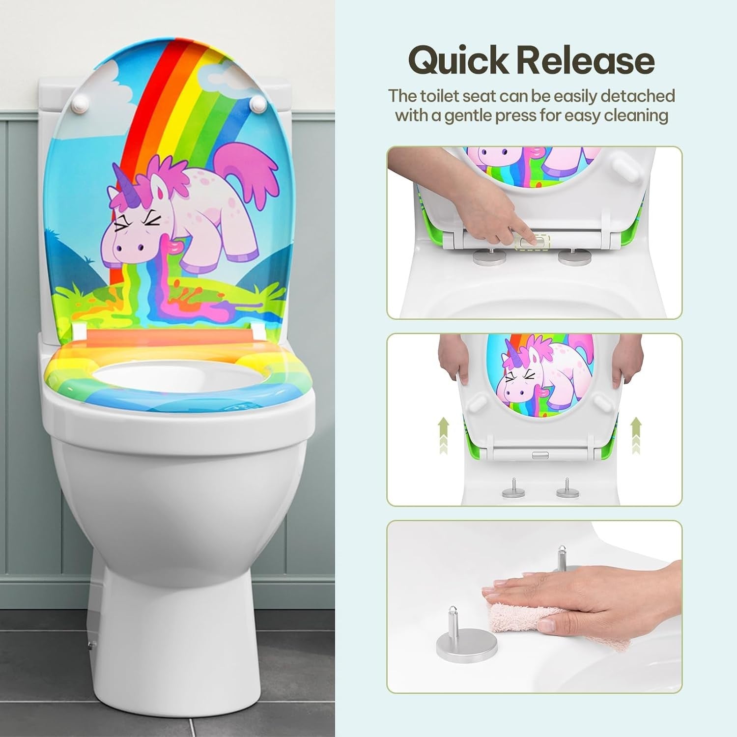 Soft Close O-Shaped Toilet Seat Quick Release Duroplast Rainbow Unicorn Print