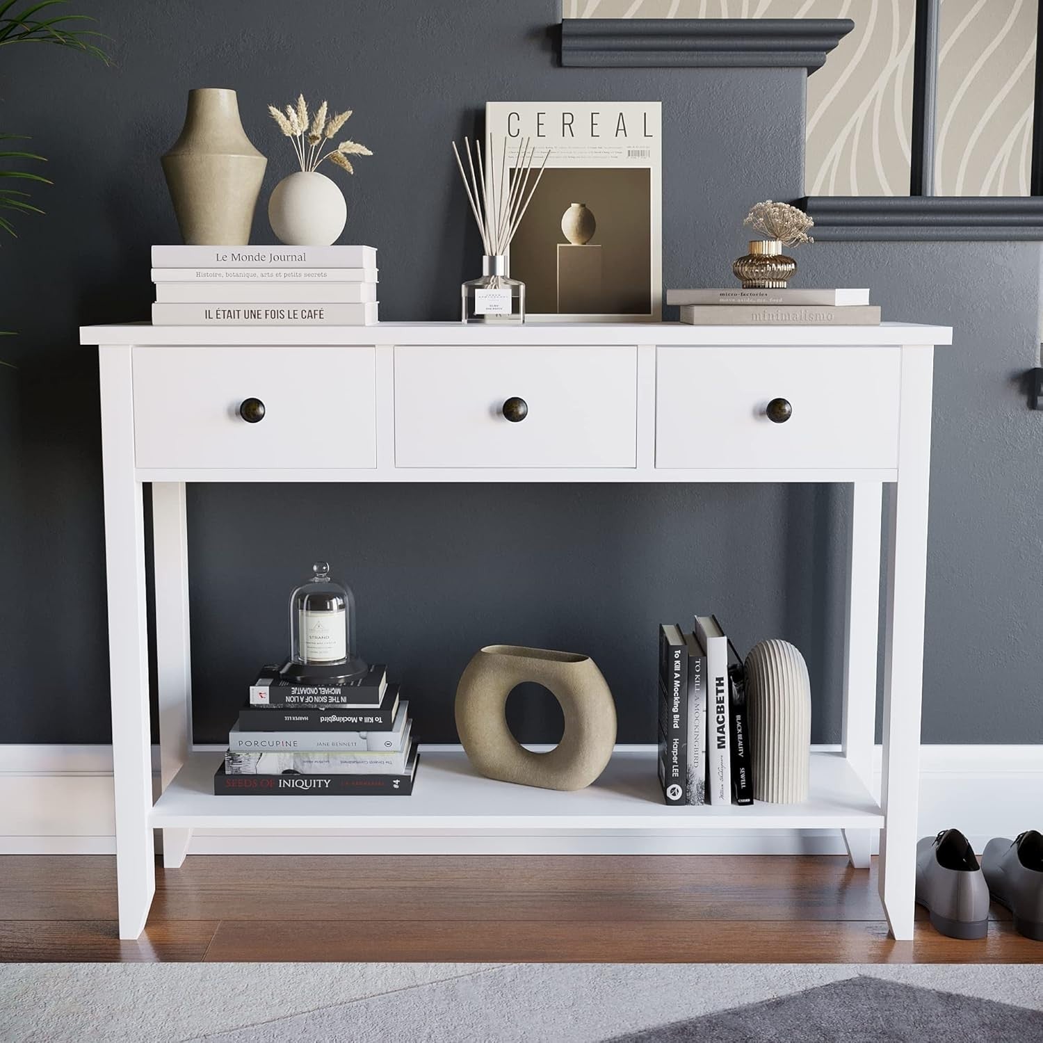 White Hallway Console Table 3 Drawer Storage Shelf Modern Slim Entryway