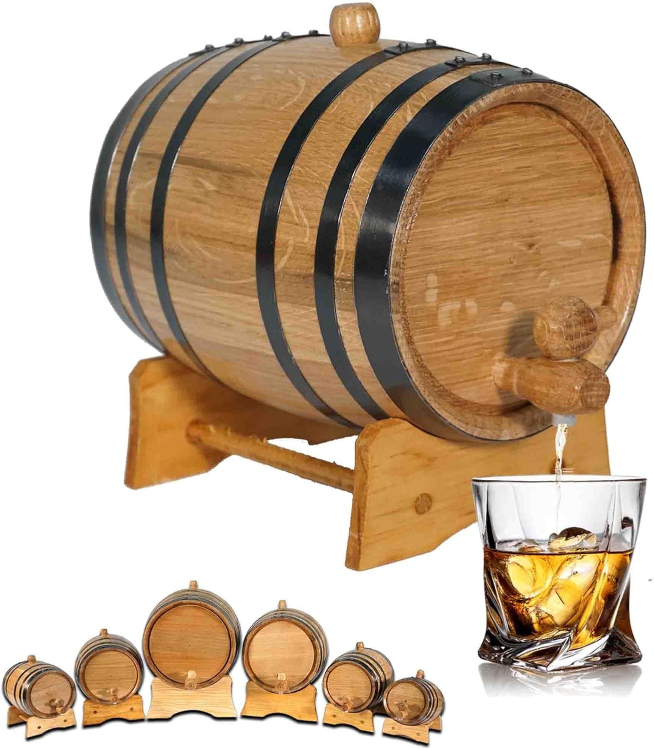 2L Oak Aging Barrel with Stand & Spigot | Mini Whiskey Rum Wine Decanter Gift