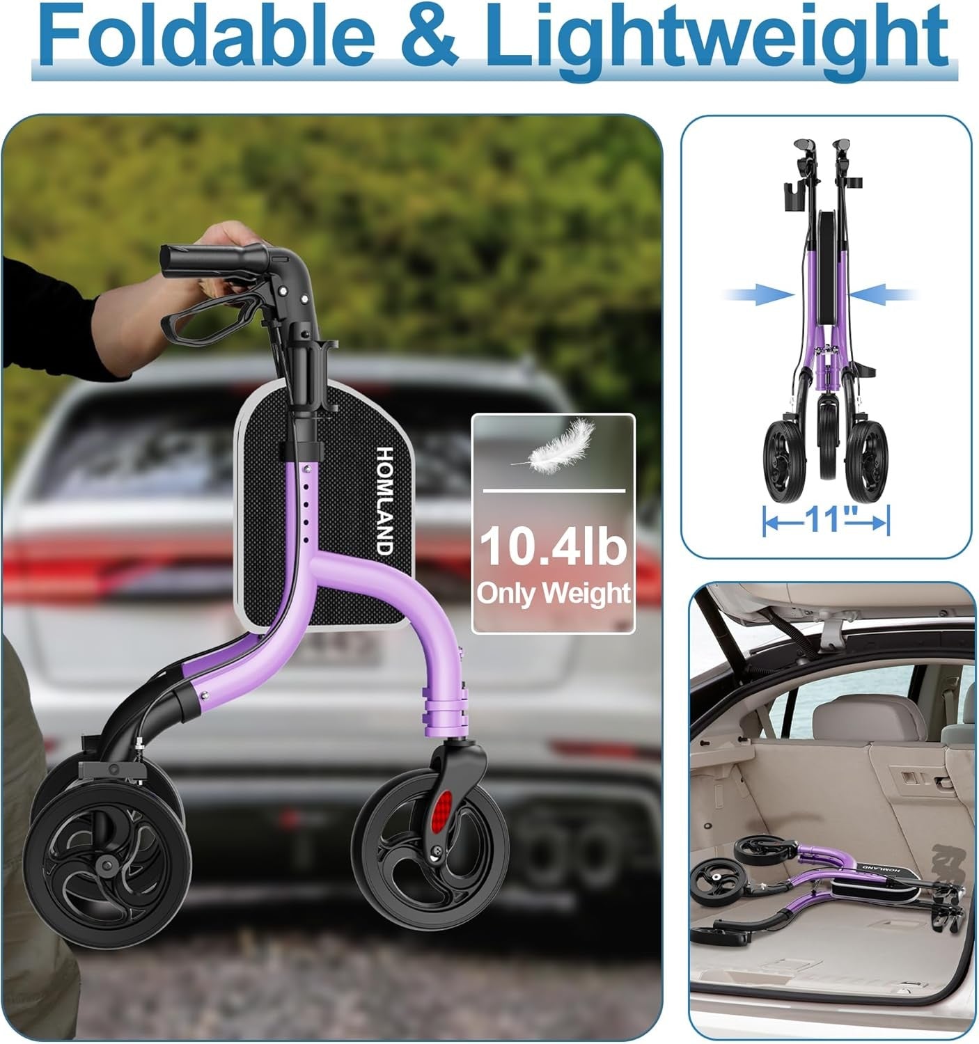 Lightweight 3 Wheel Rollator Walker Folding Adjustable Height Cane Cup Holder