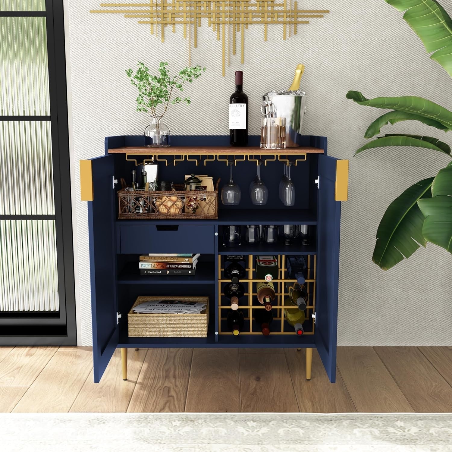 Luxury Blue Drinks Cabinet with Wine Rack & Glass Holders – Modern Bar Sideboard