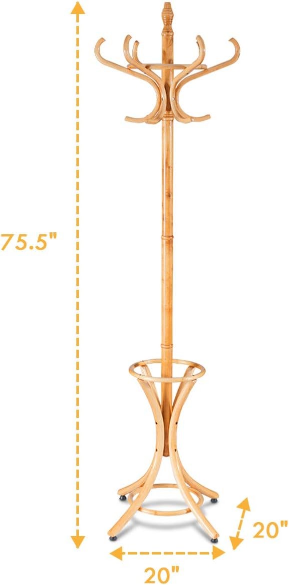 Wooden Coat Rack Stand with 12 Hooks & Umbrella Holder | Oak Hall Tree