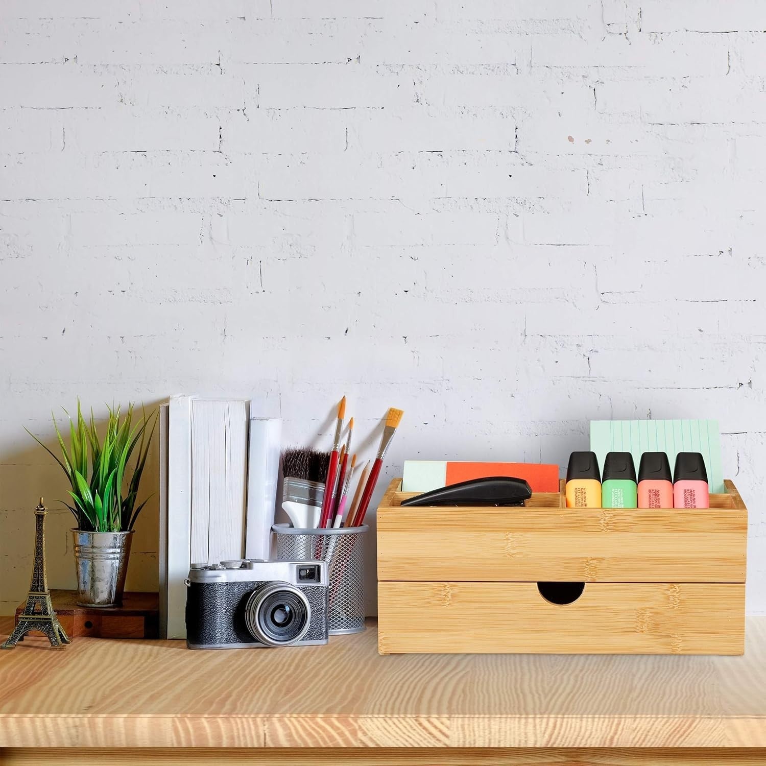 Multifunctional Bamboo Desk Organizer with Drawer 4 Compartments for Makeup