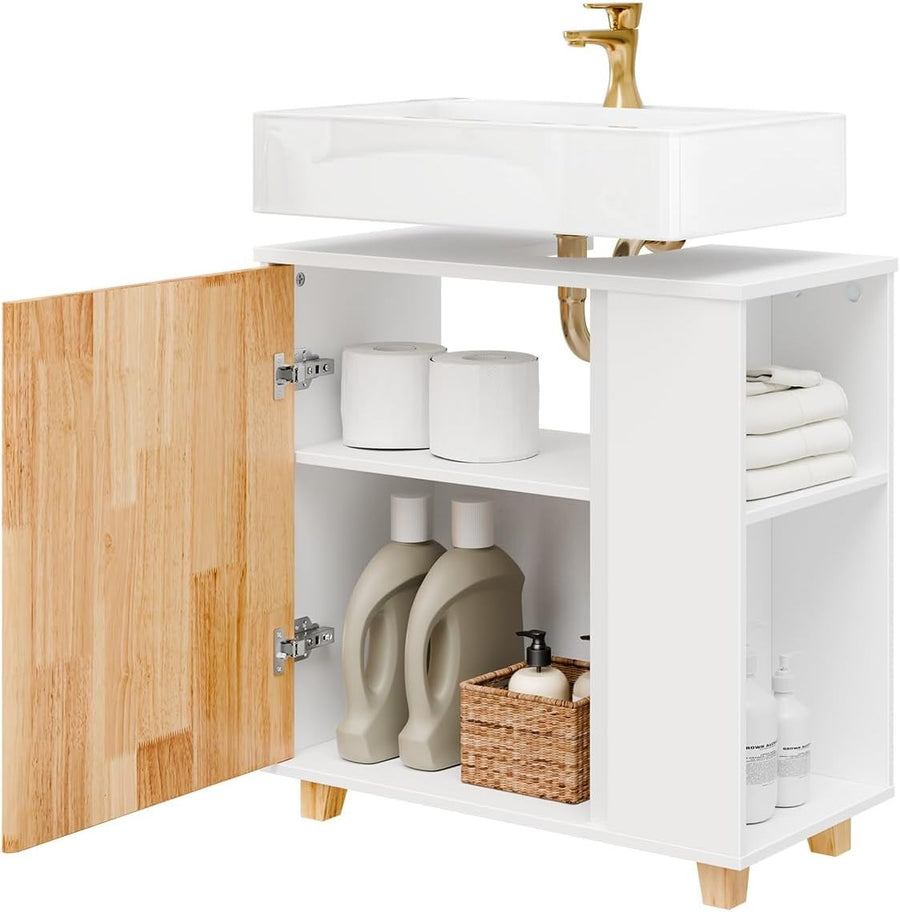 White Under Sink Bathroom Cabinet with Shelves & Cupboard Storage Unit