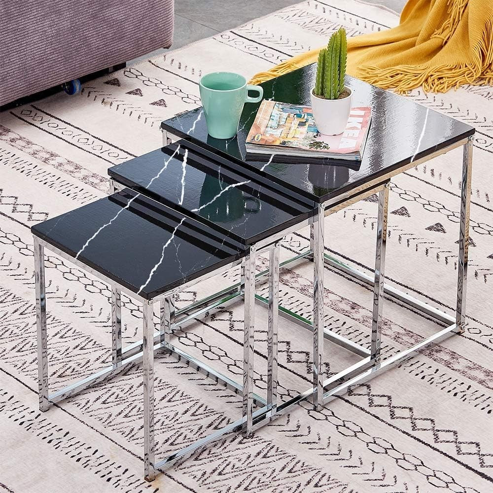 Modern Square End Table Black Marble Look Top Metal Legs Nightstand Accent