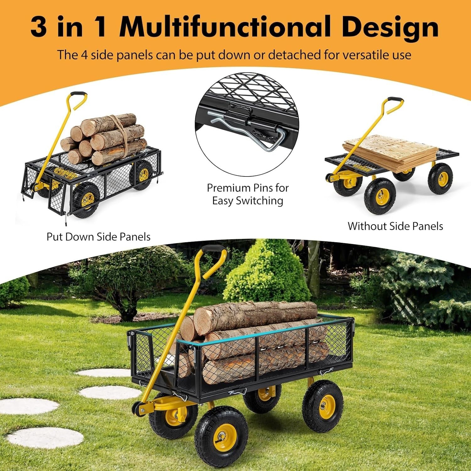 3-in-1 Heavy Duty Garden Cart 400kg Utility Wagon Flatbed w/ Removable Sides
