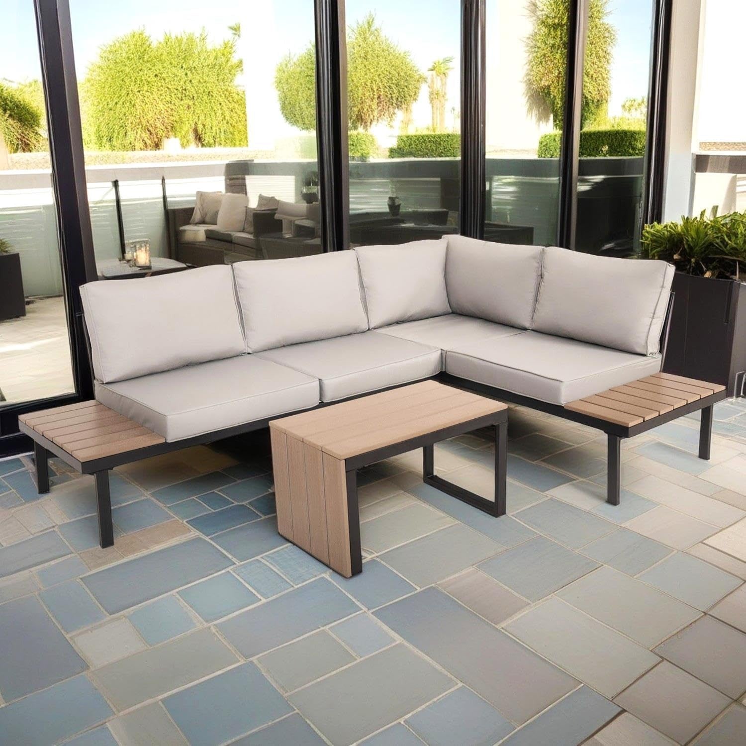 4 Seater Modular Outdoor Garden Corner Sofa Set with Table & Cushions