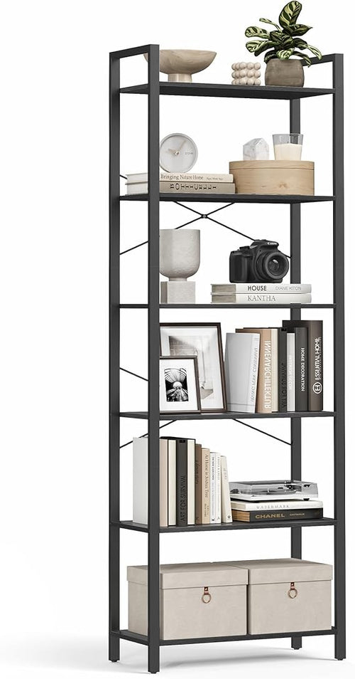 6-Tier Industrial Bookshelf Tall Ebony Black Metal Wood Storage Unit