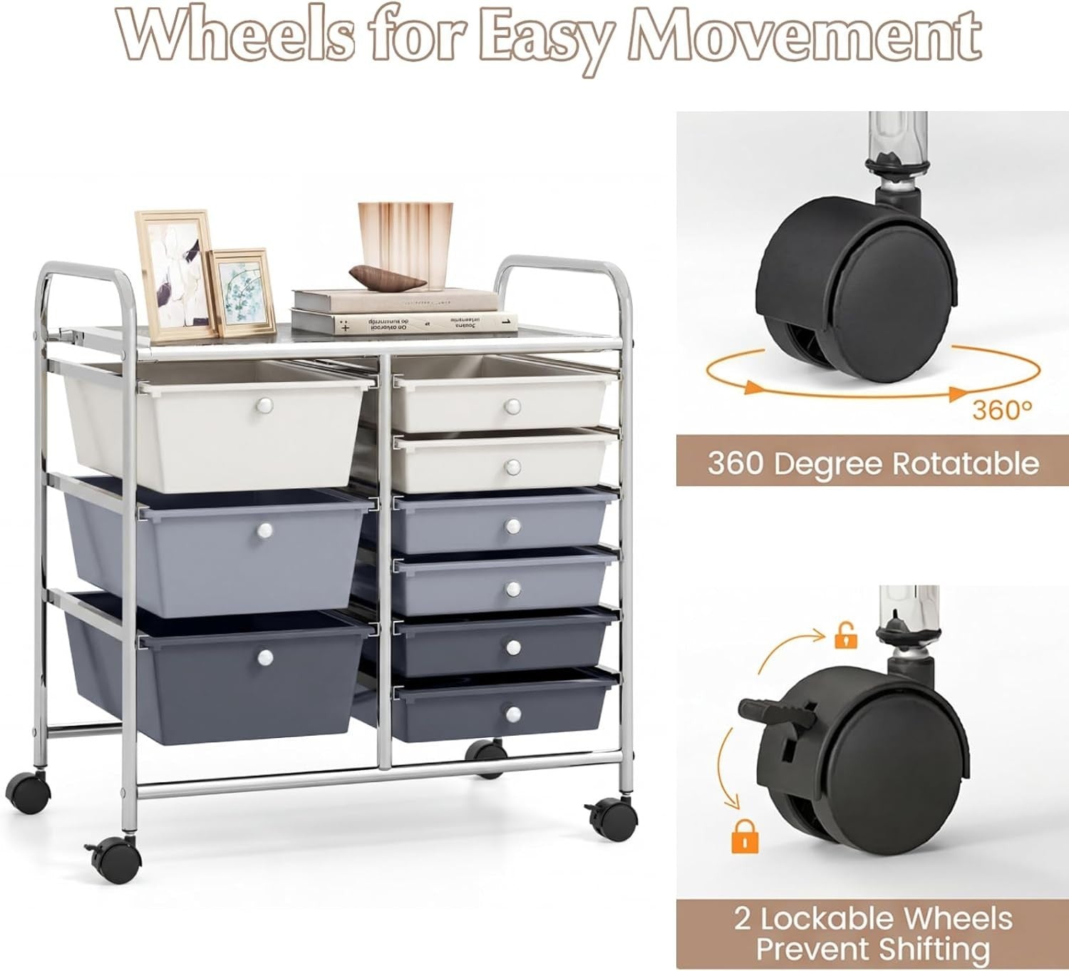 Gradient Grey 9 Drawer Rolling Utility Cart Home Office Organizer