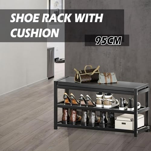 3-Tier Shoe Rack with Padded Seat Modern Entryway Bench Storage Shelf