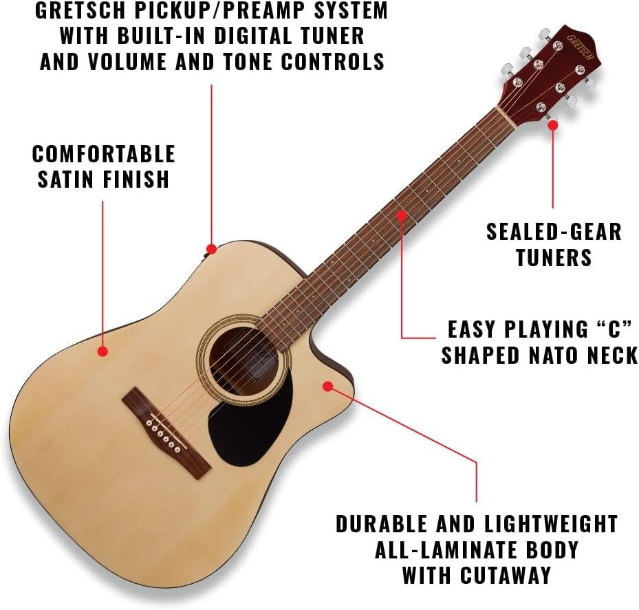 Dreadnought Electro Acoustic Guitar Natural Cutaway Tuner