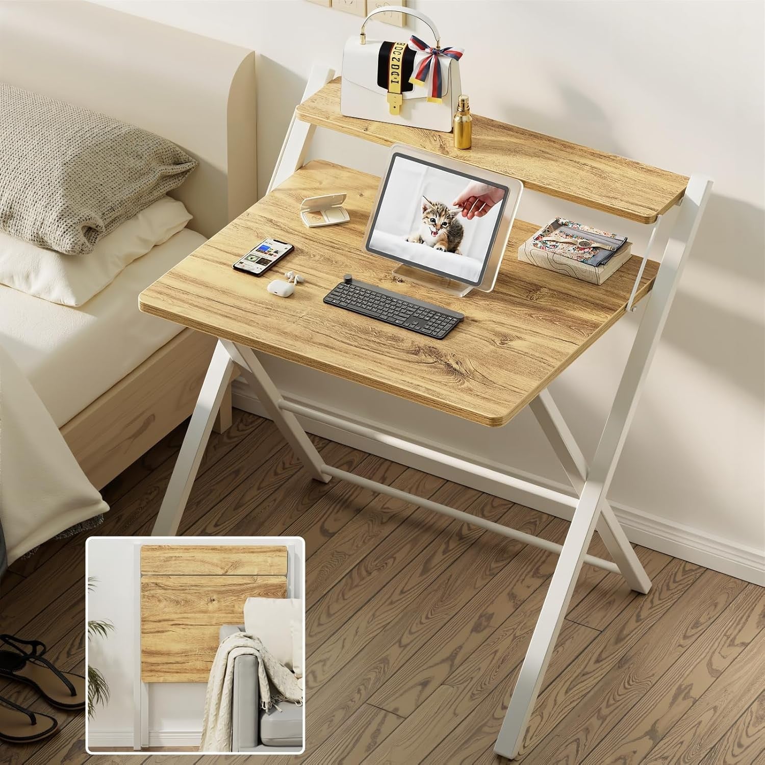 Foldable Computer Desk Small Space with Monitor Shelf No Assembly Oak