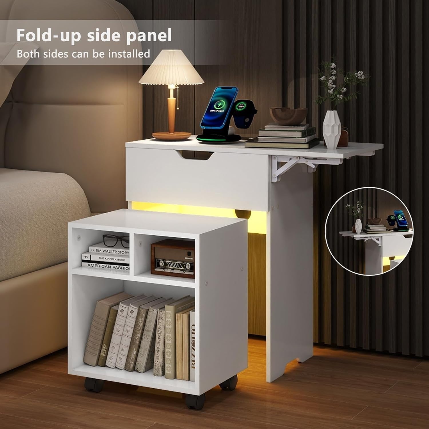 Set of 2 Smart Bedside Tables with LED Light & Charging Station Modern White