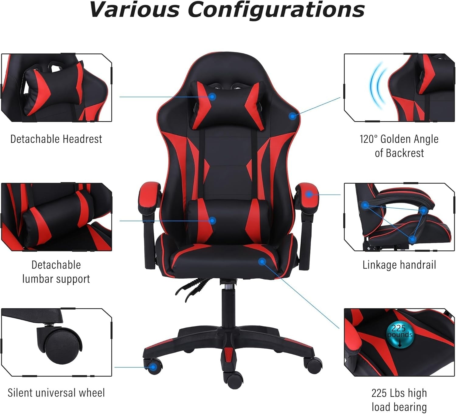 Ergonomic Gaming Chair w/ Lumbar Support Headrest Swivel Red