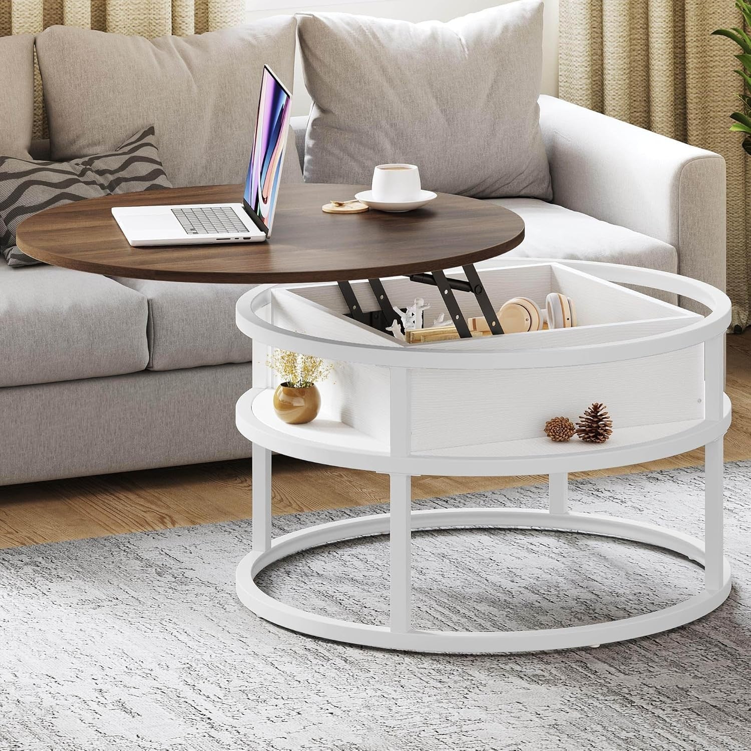 Lift Top Coffee Table Walnut White 80x80cm with Hidden Storage Shelves