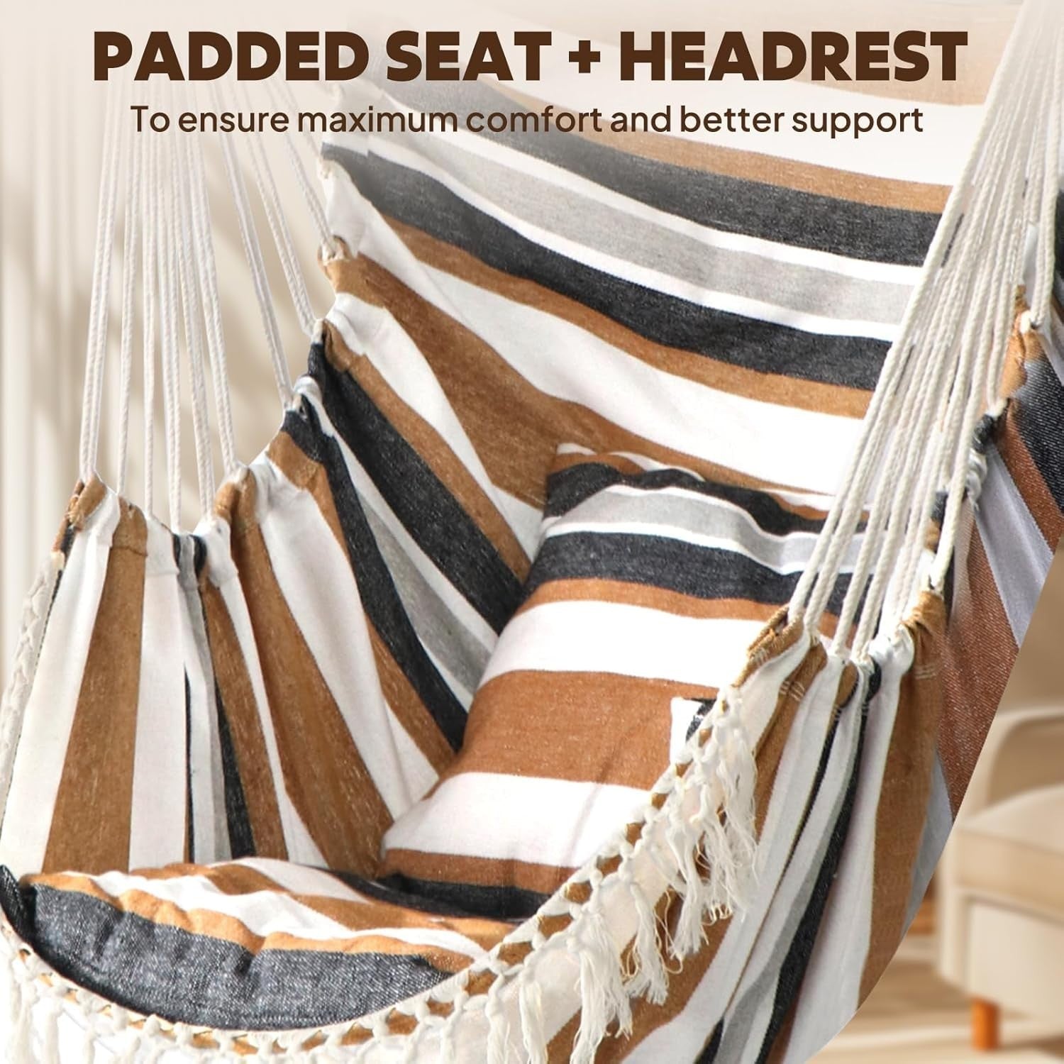 Brown Striped Hammock Chair with 2 Cushions & Straps | 500lbs Indoor Outdoor