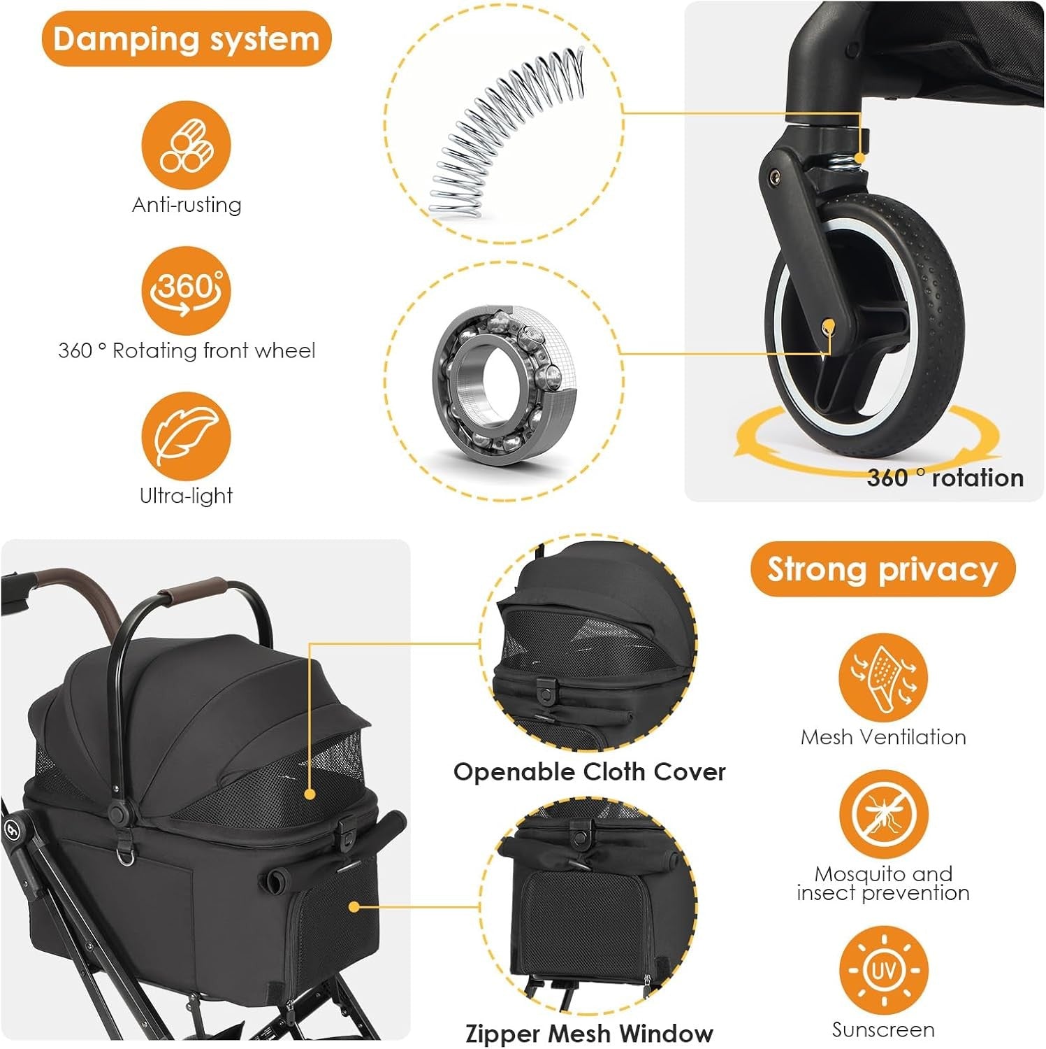 Pet Stroller Dog Pram 3 in 1 Detachable Carrier Foldable for Small Pets