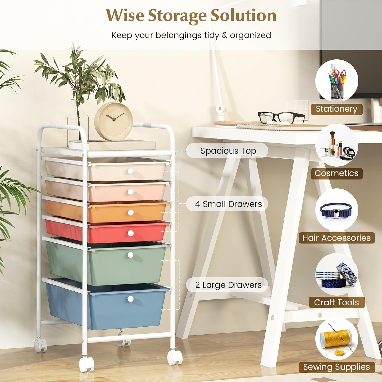 6 Drawer Colorful Rolling Storage Trolley Utility Cart with Wheels