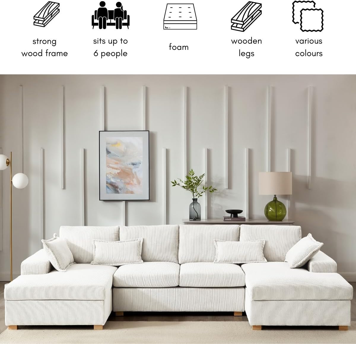Large Cream Jumbo Cord U-Shape Sofa | Deep Seat, 5-Seater + Footstool