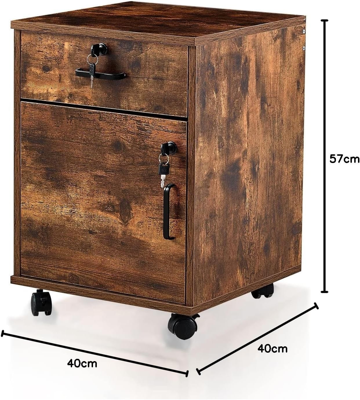 Rustic Brown Mobile File Cabinet 40cm Lockable Under Desk Storage