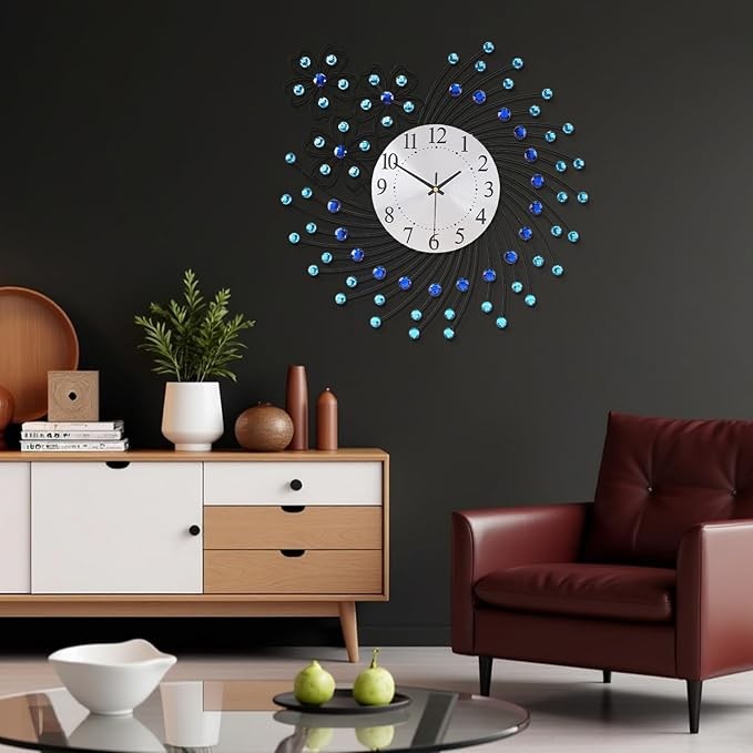Large 50cm Crystal Wall Clock Blue Silent Modern Decorative Round Home Decor