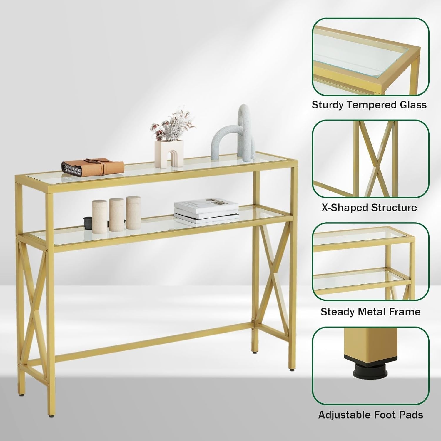Tempered Glass Console Table with Adjustable Feet & Metal Frame, Gold