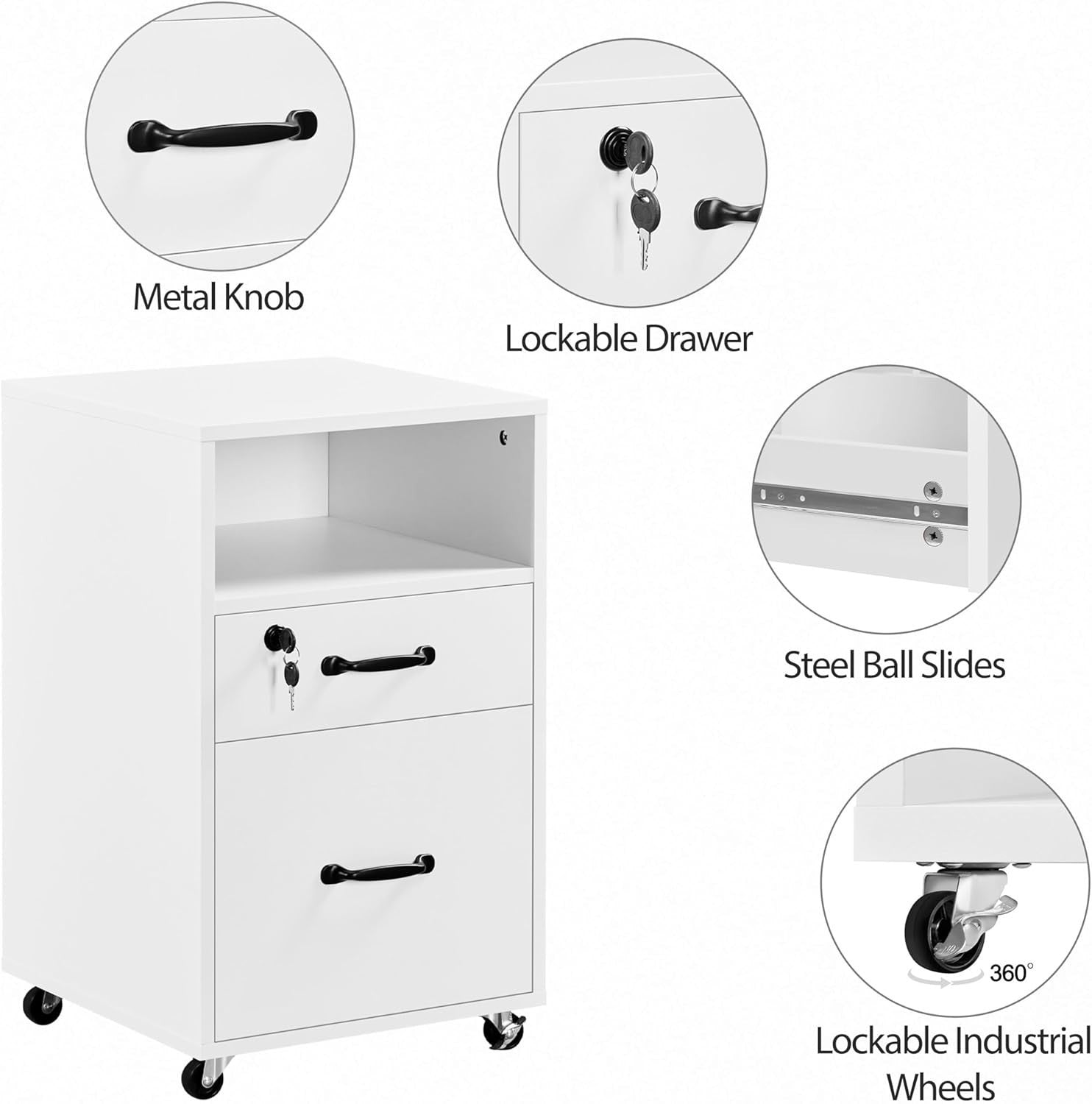 White Rolling File Cabinet 2 Drawer A4 Letter Printer Stand