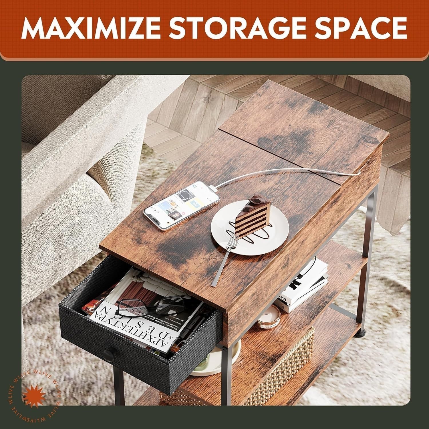 Narrow Side Table with Charging Station, USB & AC Outlets, Storage Drawer