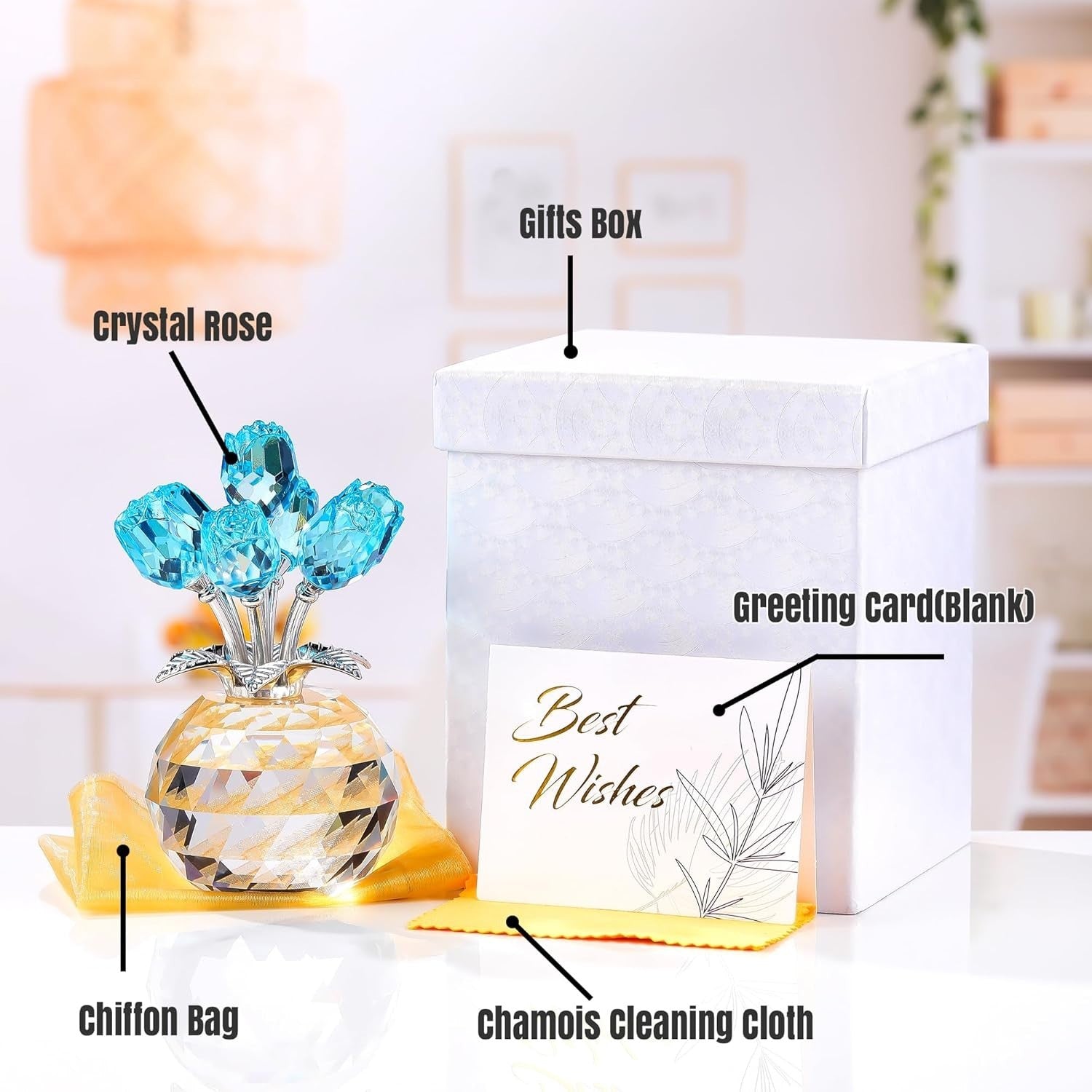Light Blue Crystal Rose Bouquet Ornament Gift for Women Wife Anniversary Wedding