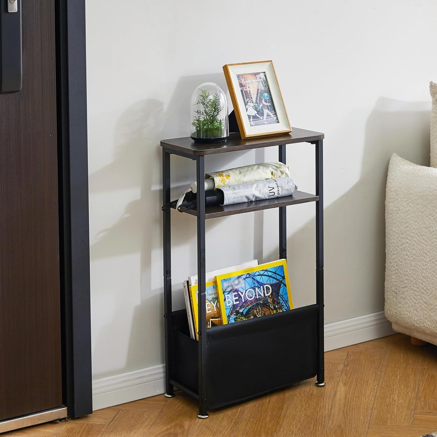 Slim 3-Tier Side Table Storage Basket – Narrow Bedside/End Table for Small