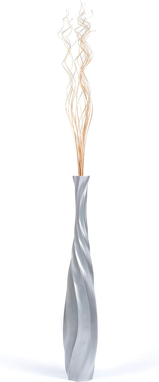 Silver Curved Floor Vase 65cm Tall Wooden Decor for Pampas Grass