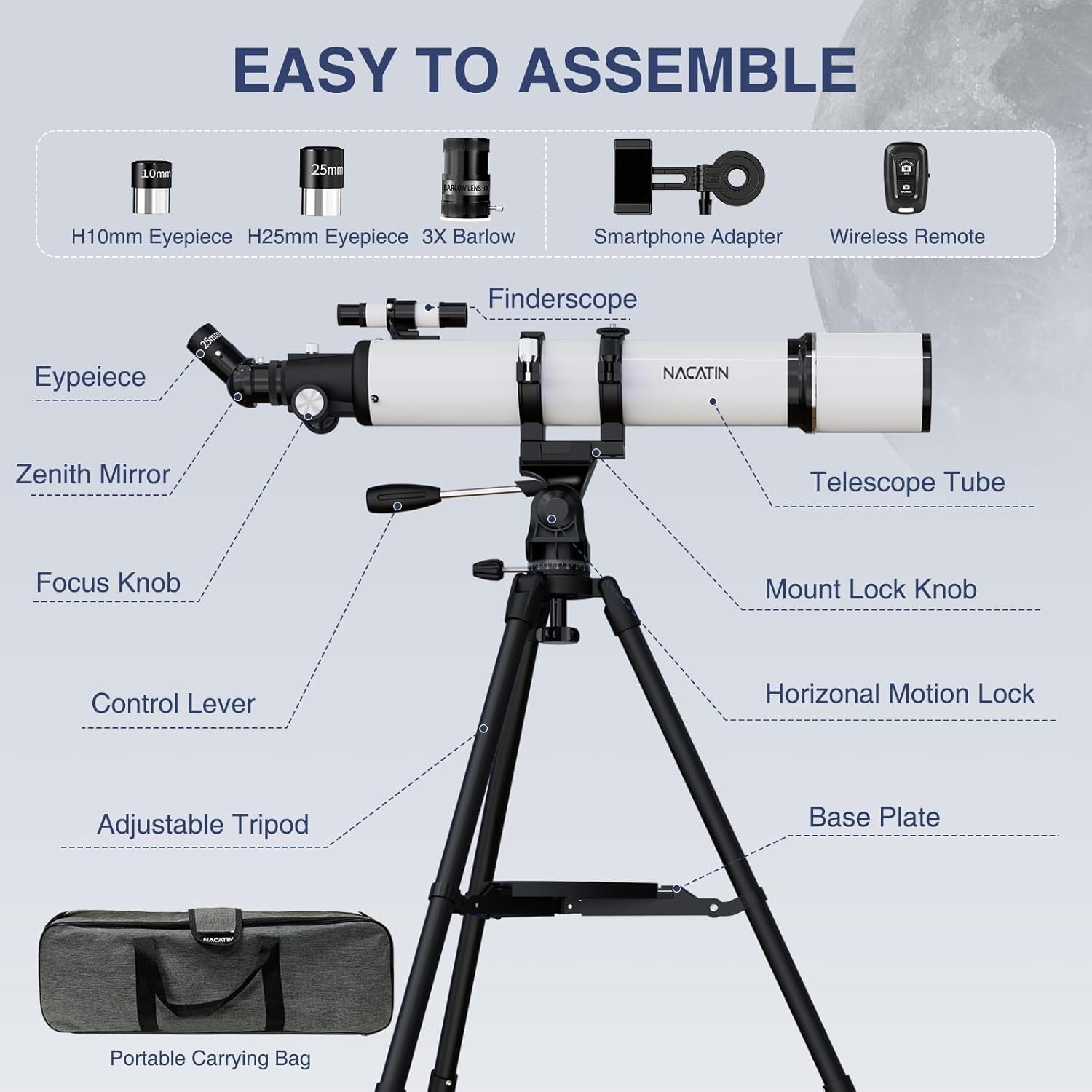 90mm Refractor Telescope White for Adults & Beginners 800mm Focal Length
