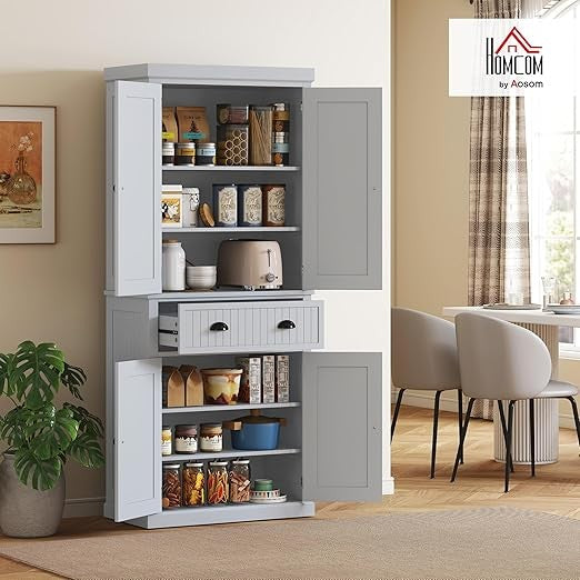 Tall Kitchen Storage Cabinet 4 Door Cupboard with Drawer & Adjustable Shelves
