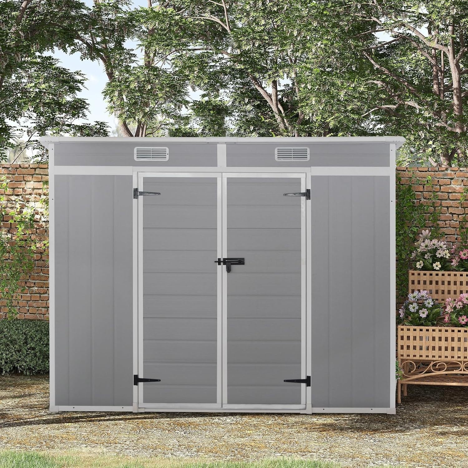 Plastic Garden Storage Shed 8x4ft Waterproof Outdoor Tool Shed with Floor Grey