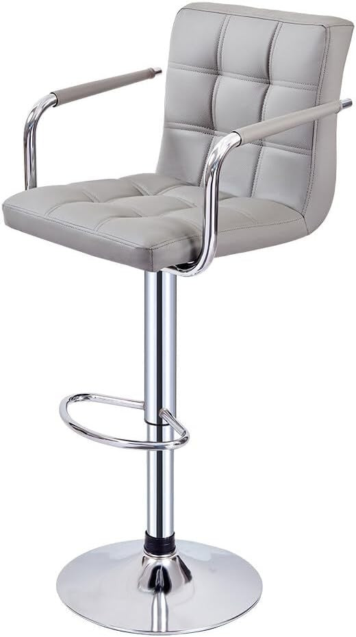 Grey Adjustable Swivel Bar Stool with Armrests & PU Leather