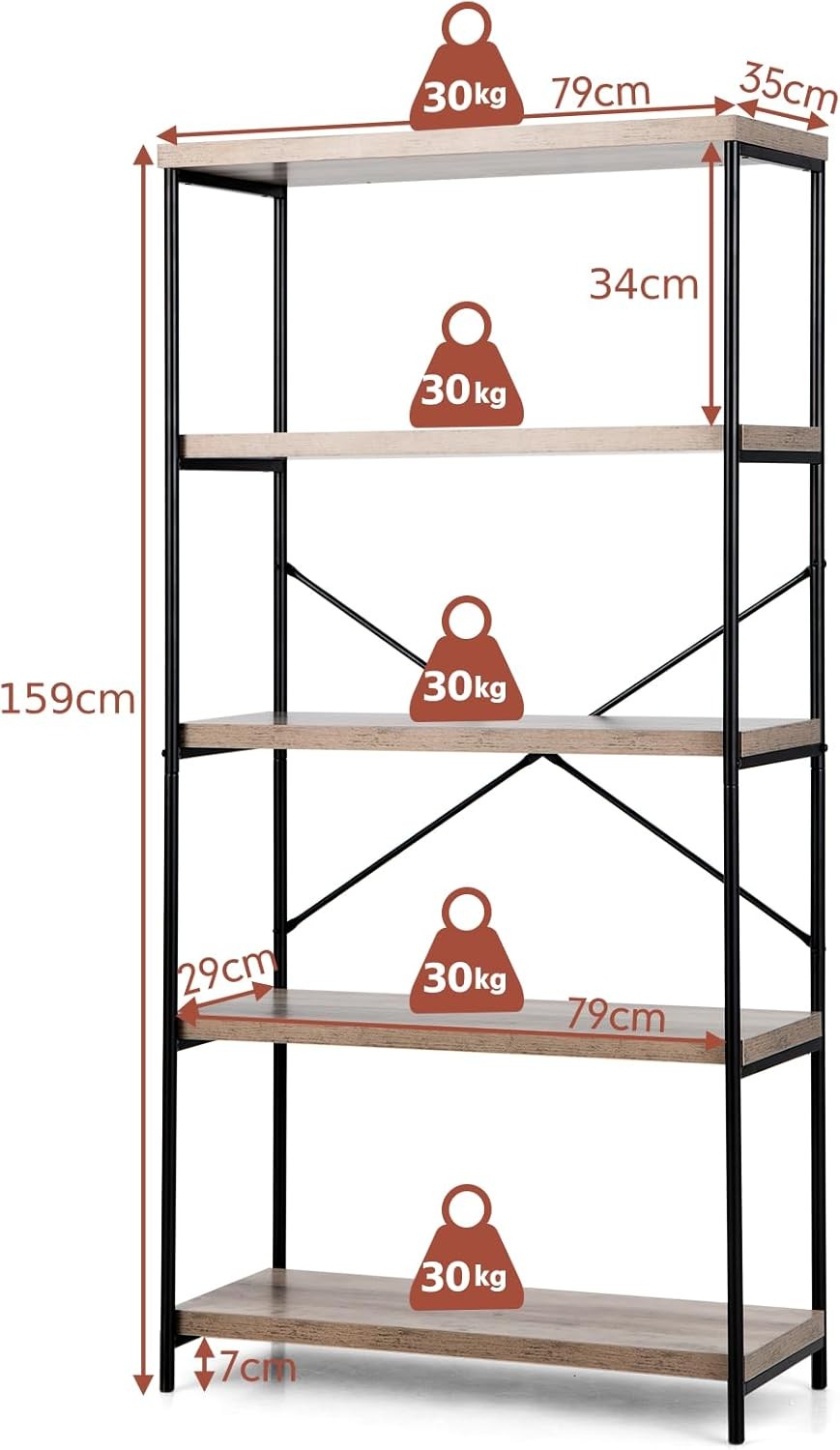 5-Tier Industrial Bookshelf Grey Wood Heavy-Duty Metal Storage Display Rack