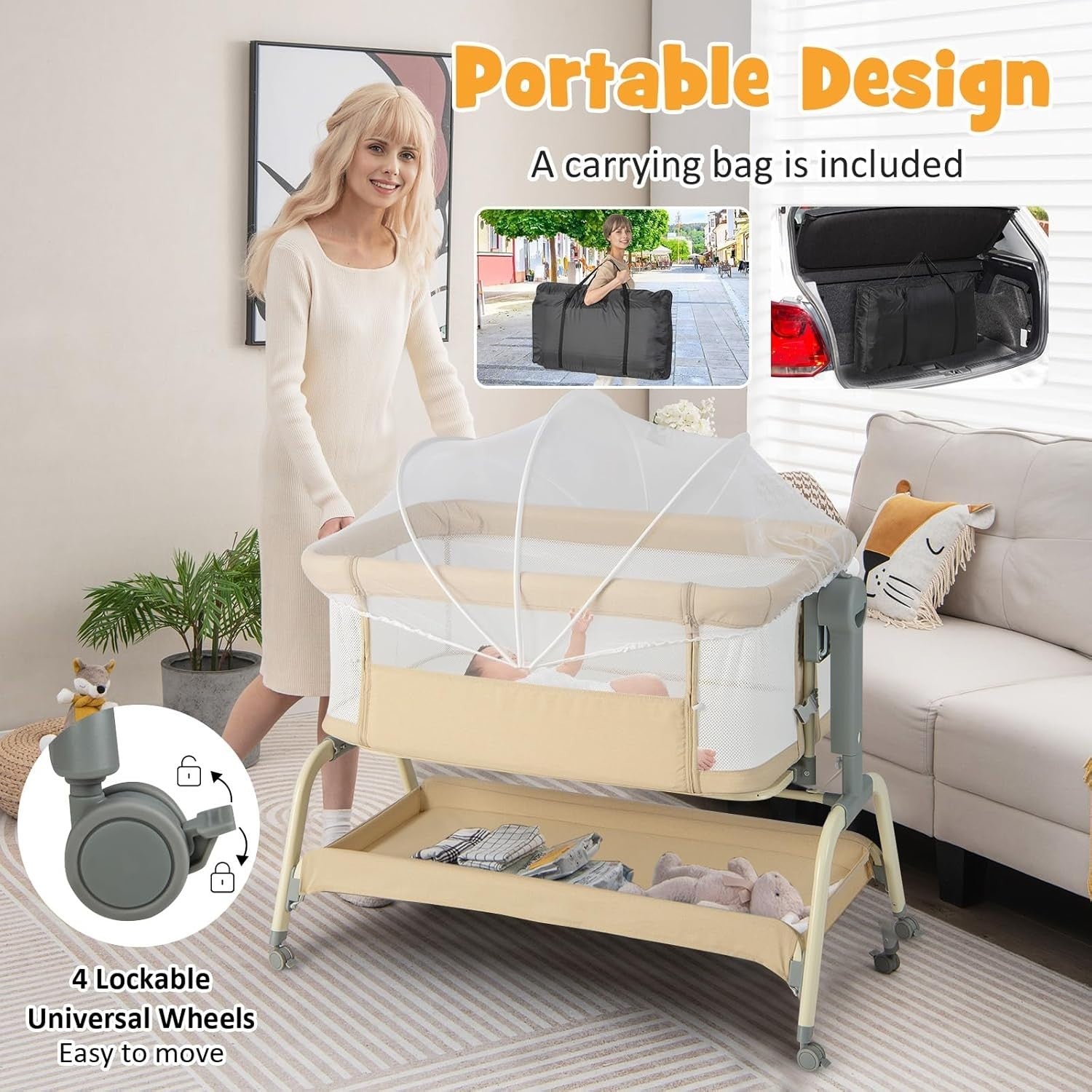 4in1 Baby Bedside Crib Adjustable Rocking Bassinet with Mattress & Storage Beige